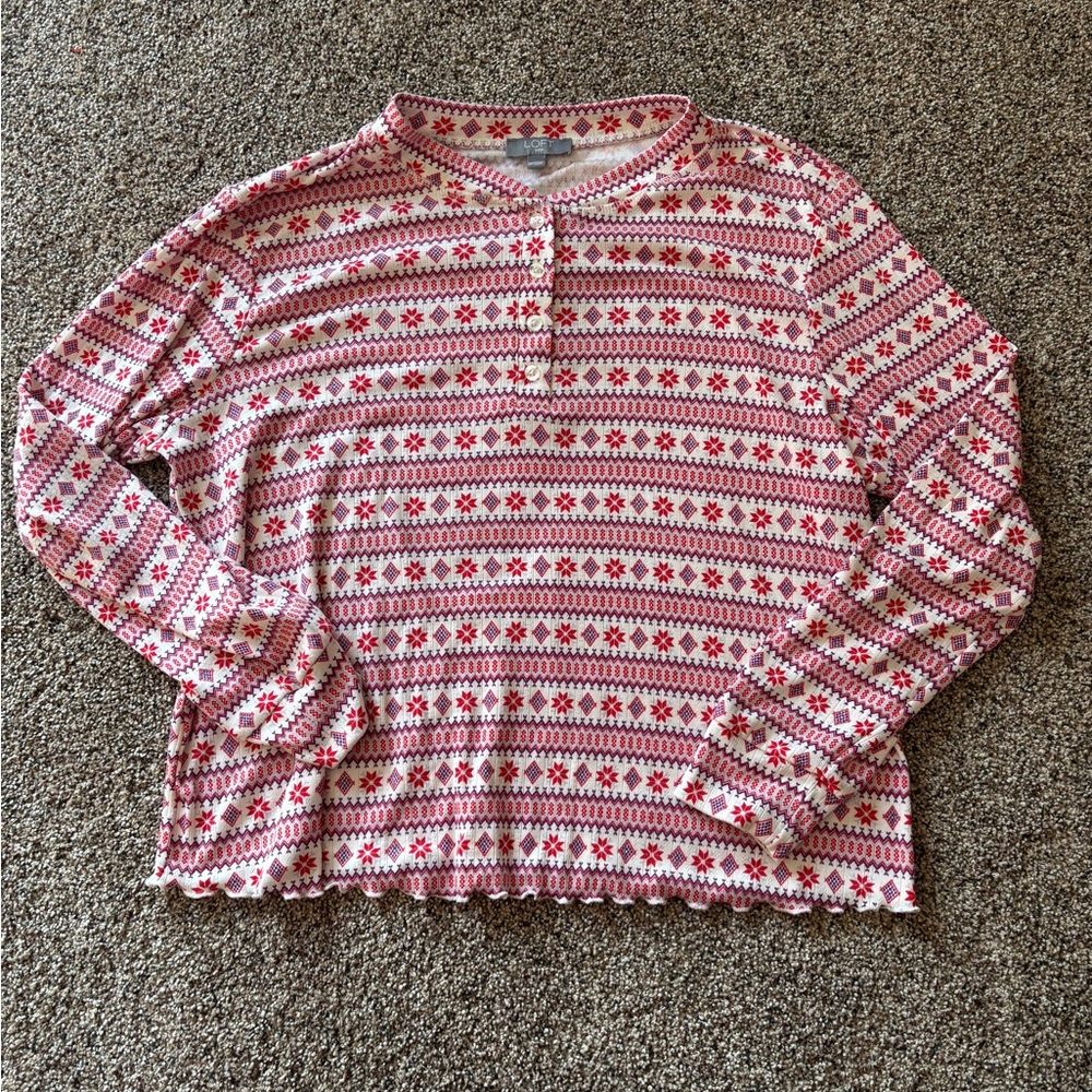 Loft Henley XXL pajama top Red, and White Patterned Long Sleeve Top